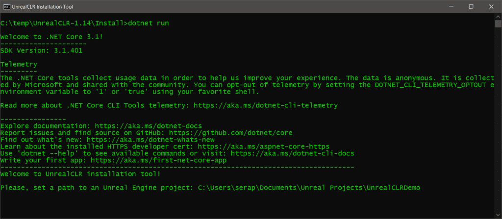 UnrealCLR installation process.