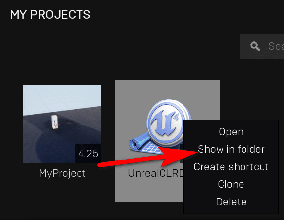 My Projects in UE show in folder