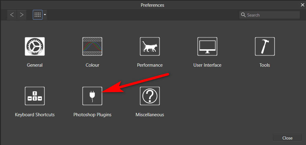 Selecting Photoshop Plugins in Affinity Photo